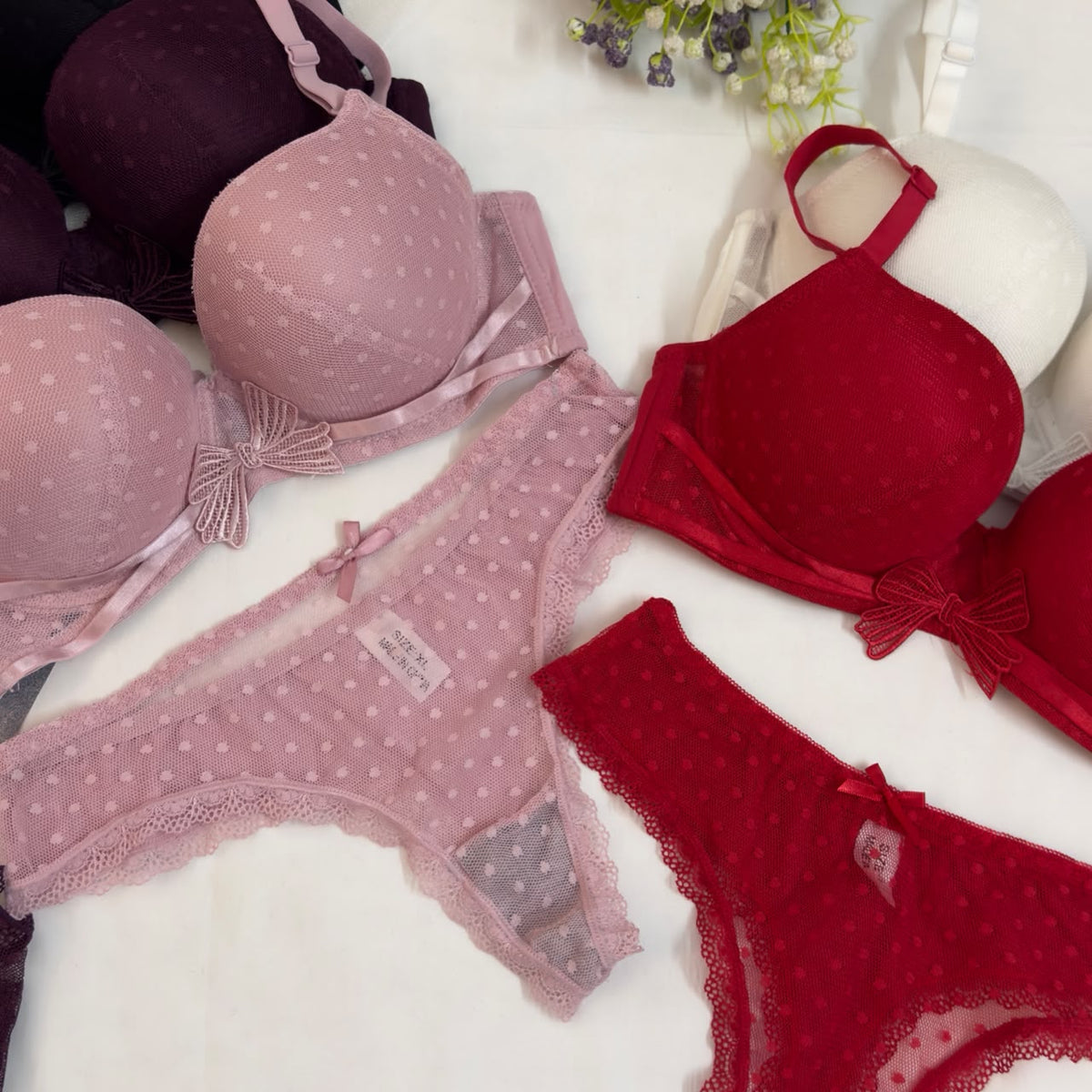 Cute Front Bow Double Padded Push Up Bra Set