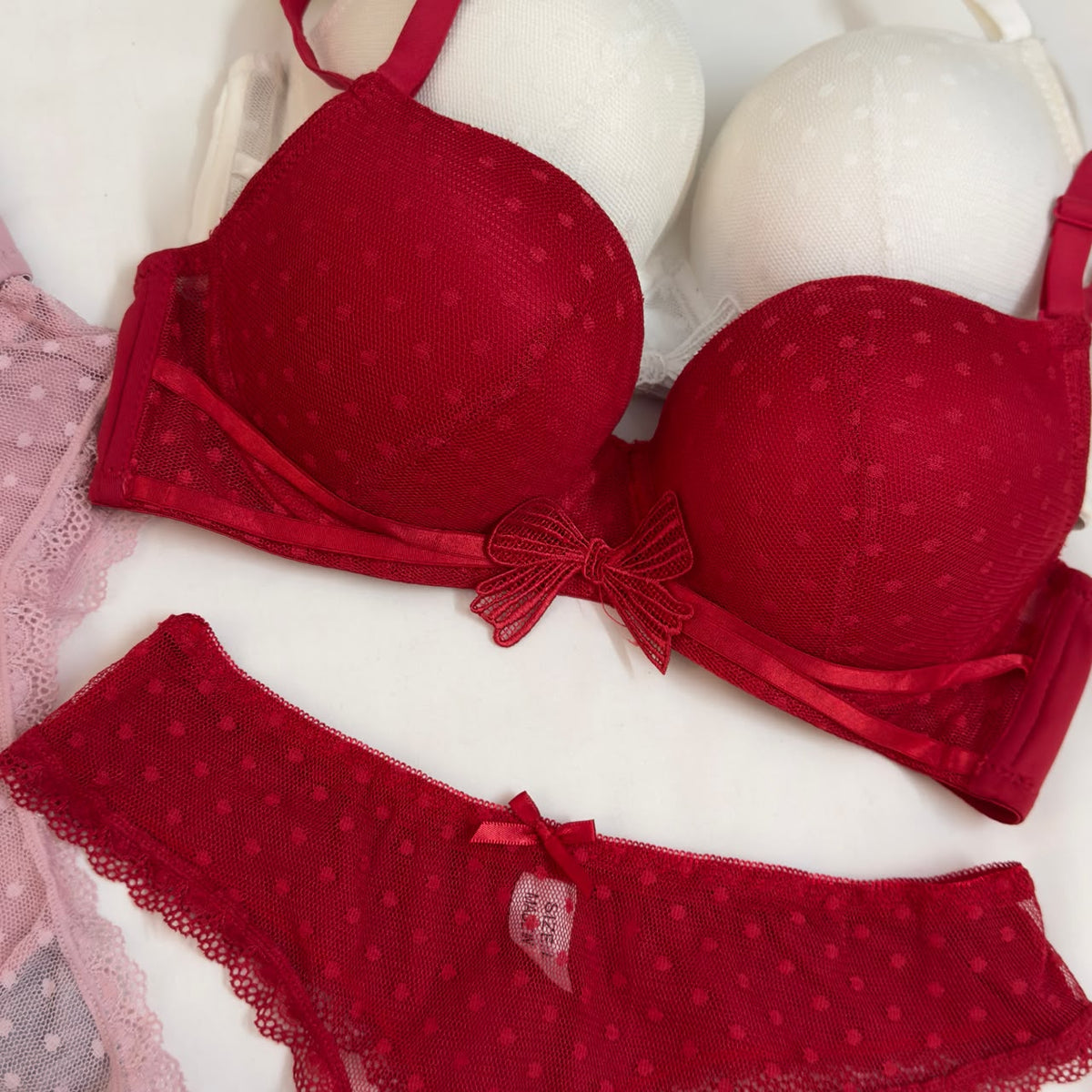 Cute Front Bow Double Padded Push Up Bra Set
