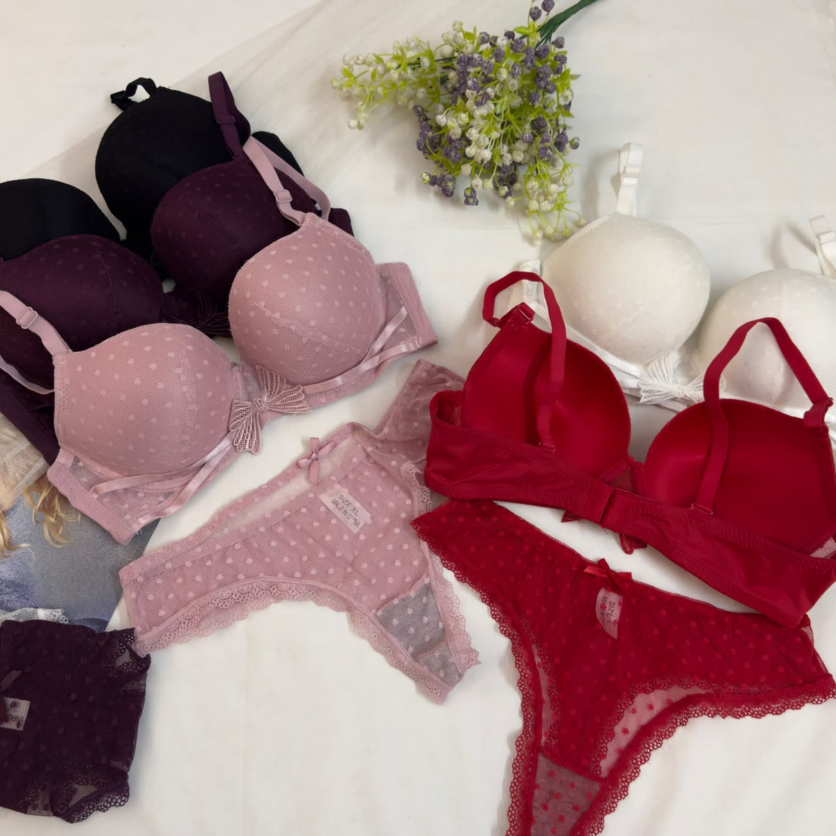 Cute Front Bow Double Padded Push Up Bra Set