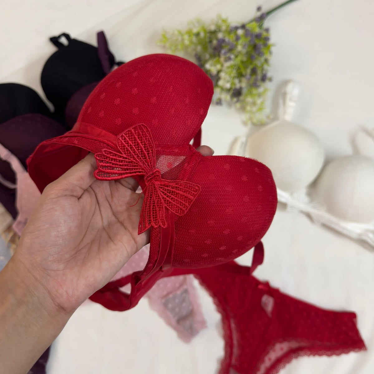 Cute Front Bow Double Padded Push Up Bra Set