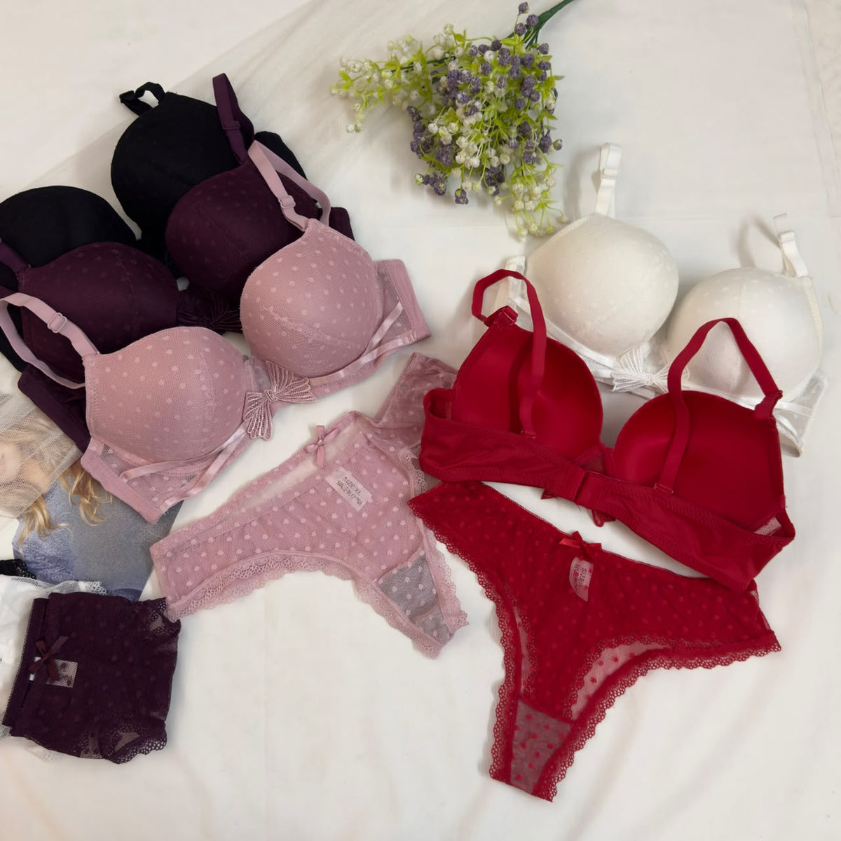 Cute Front Bow Double Padded Push Up Bra Set