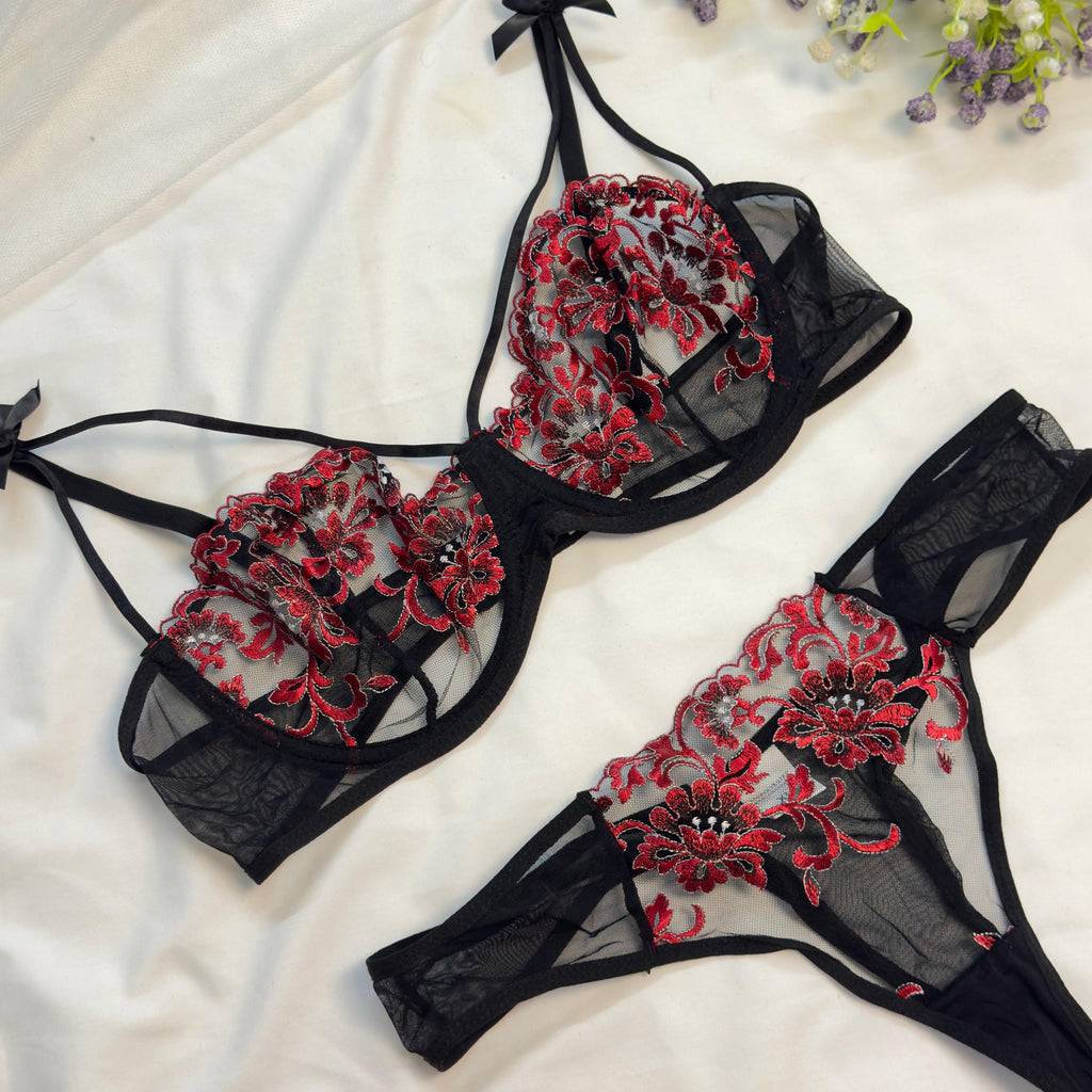 Floral mesh pushup bra panty set (Pack of 3)