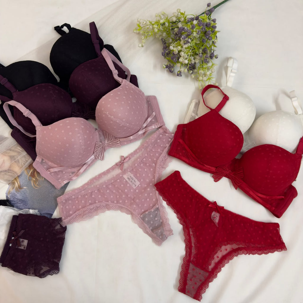 Cute Front Bow Double Padded Push Up Bra Set