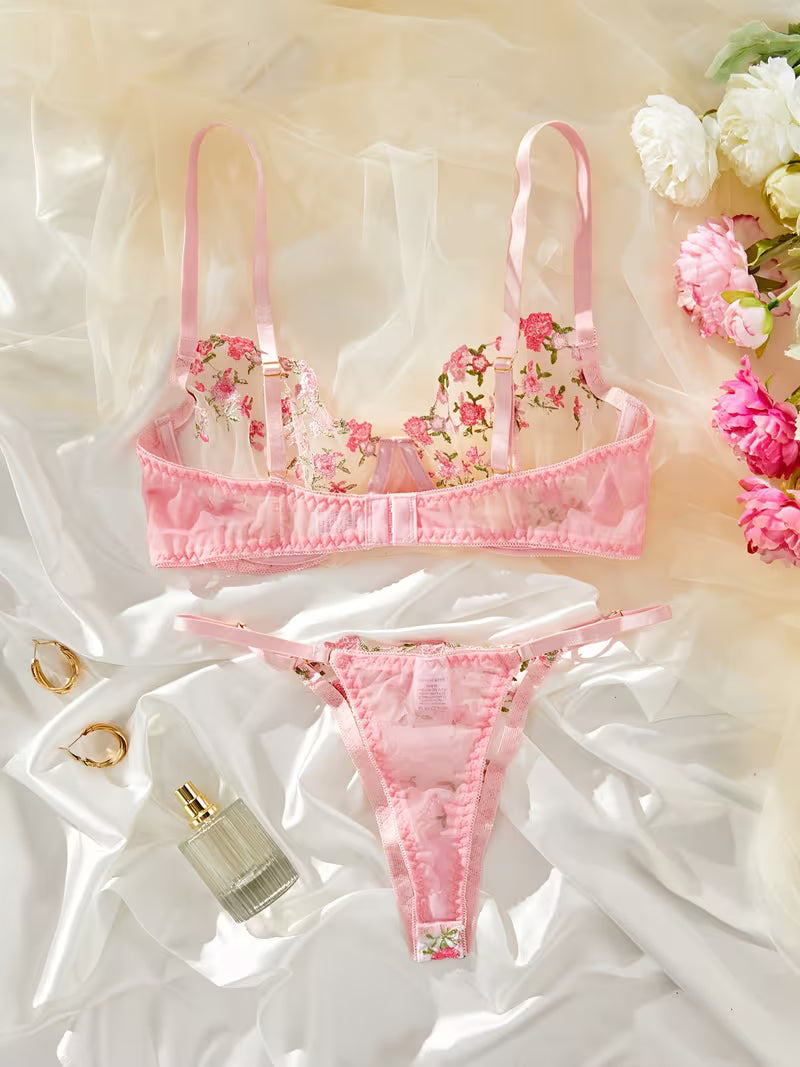 Floral mesh pushup bra panty set (Pack of 3)
